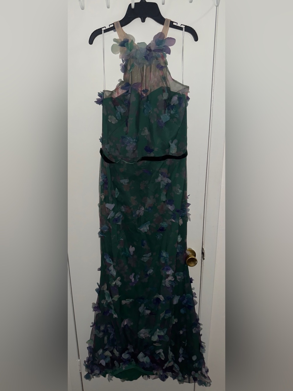 Marchesa Notte emerald green 3d Petal Embellished Halter Gown Evening Dress
